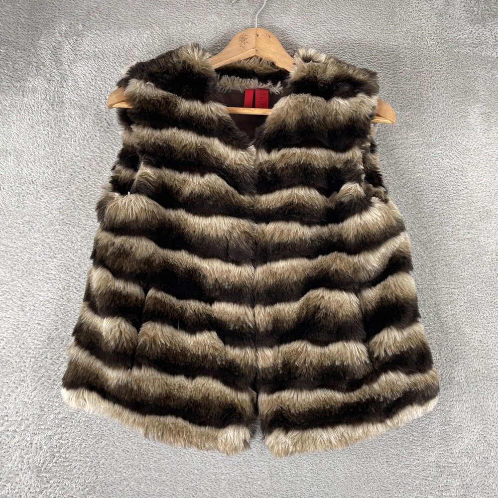 5/48 Faux Fur Vest Womens XS Brown Striped Y2K Shaggy Plush Layering Gilet